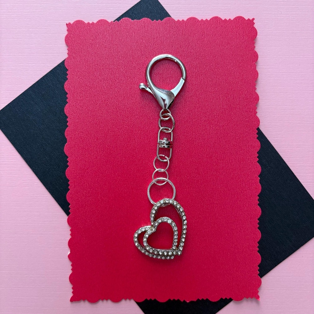 Vintage Rhinestone Double Heart Purse and‎ Bag Charm Keychain Accessory